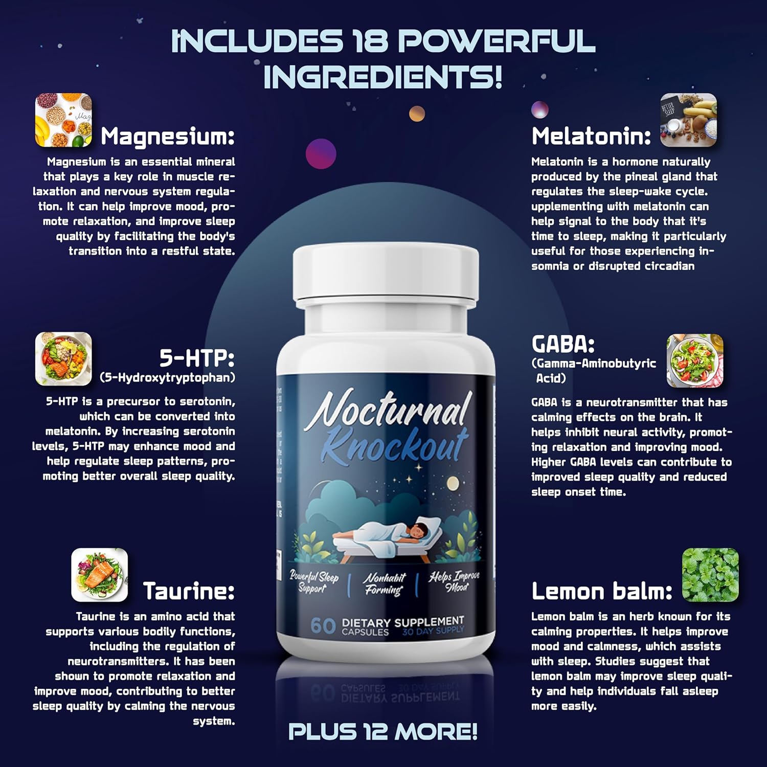 Nocturnal Knockout | 18 in 1 Powerful Sleep Aid for Adults | Non Habit Forming 3rd Party Tested Formula | Magnesium, Melatonin, 5-HTP, Taurine, GABA + 13 More | No Prescription Required - 60 Capsules