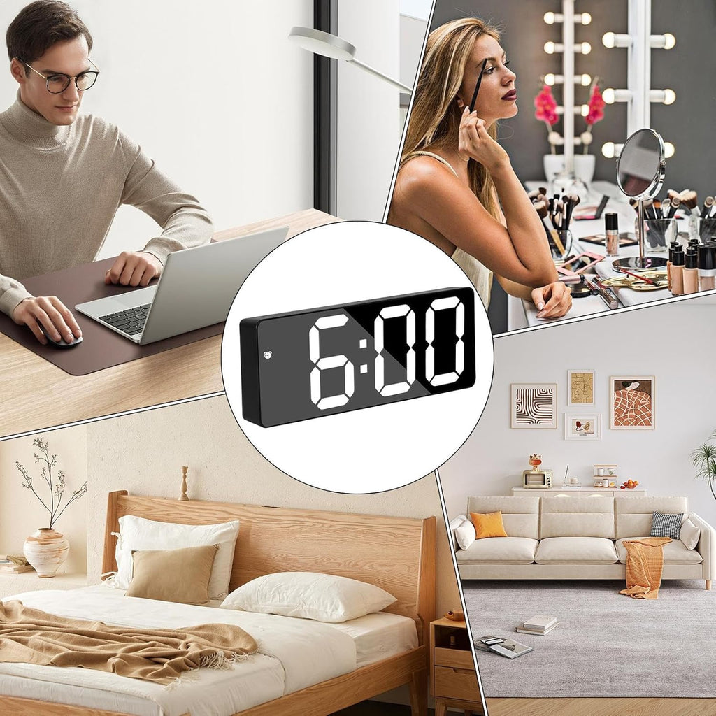 Mirror Alarm Clock, LED Display Timepiece, Large Number Mode, Sleek Digital Decor for Bedroom Apartment Dorm Living Room Nightstand and Morning Routine Use, 6.3x2.36x0.79 inches