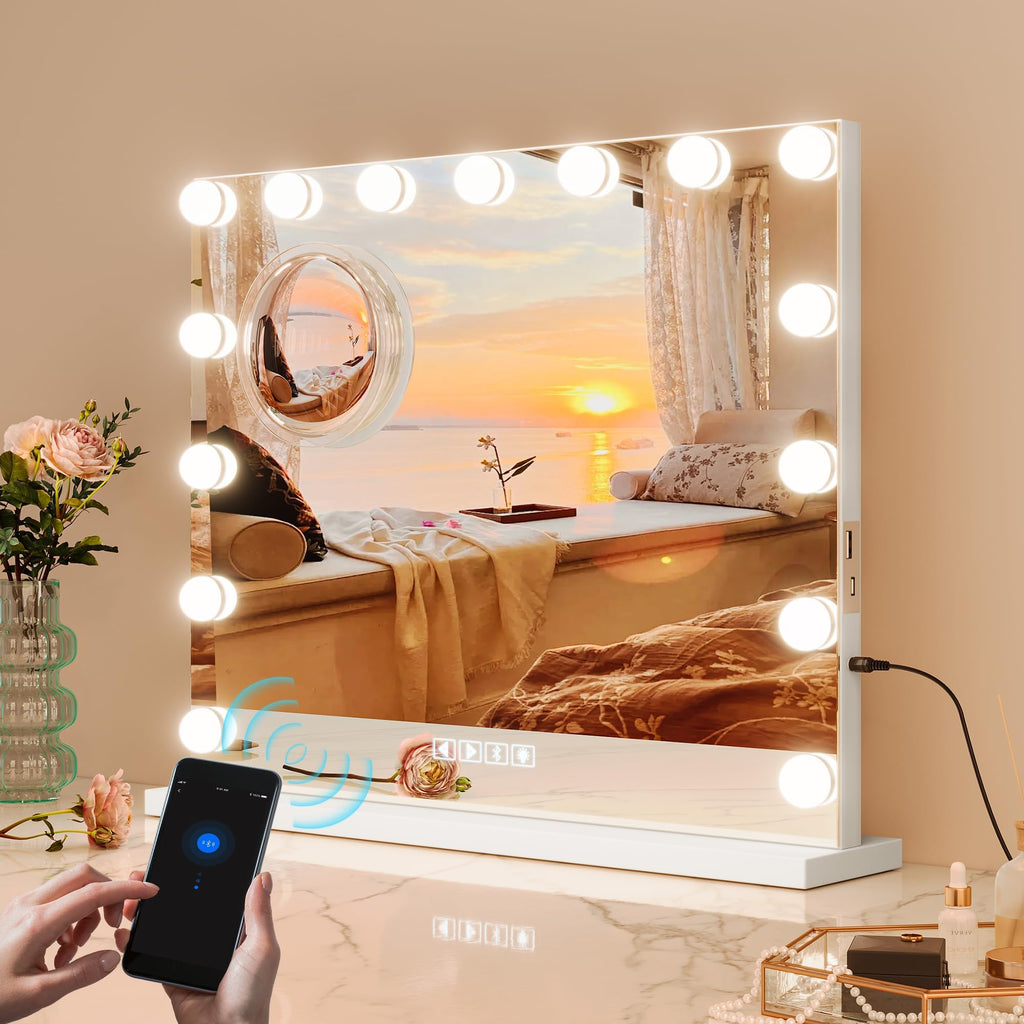 Vanity Mirror with Lights, Equipped with 17 Adjustable LED Lights, Featuring 3X Magnification, Smart Touch Controls with Three Adjustable Color Modes, and a Sleek White Metal Frame for a Modern Look