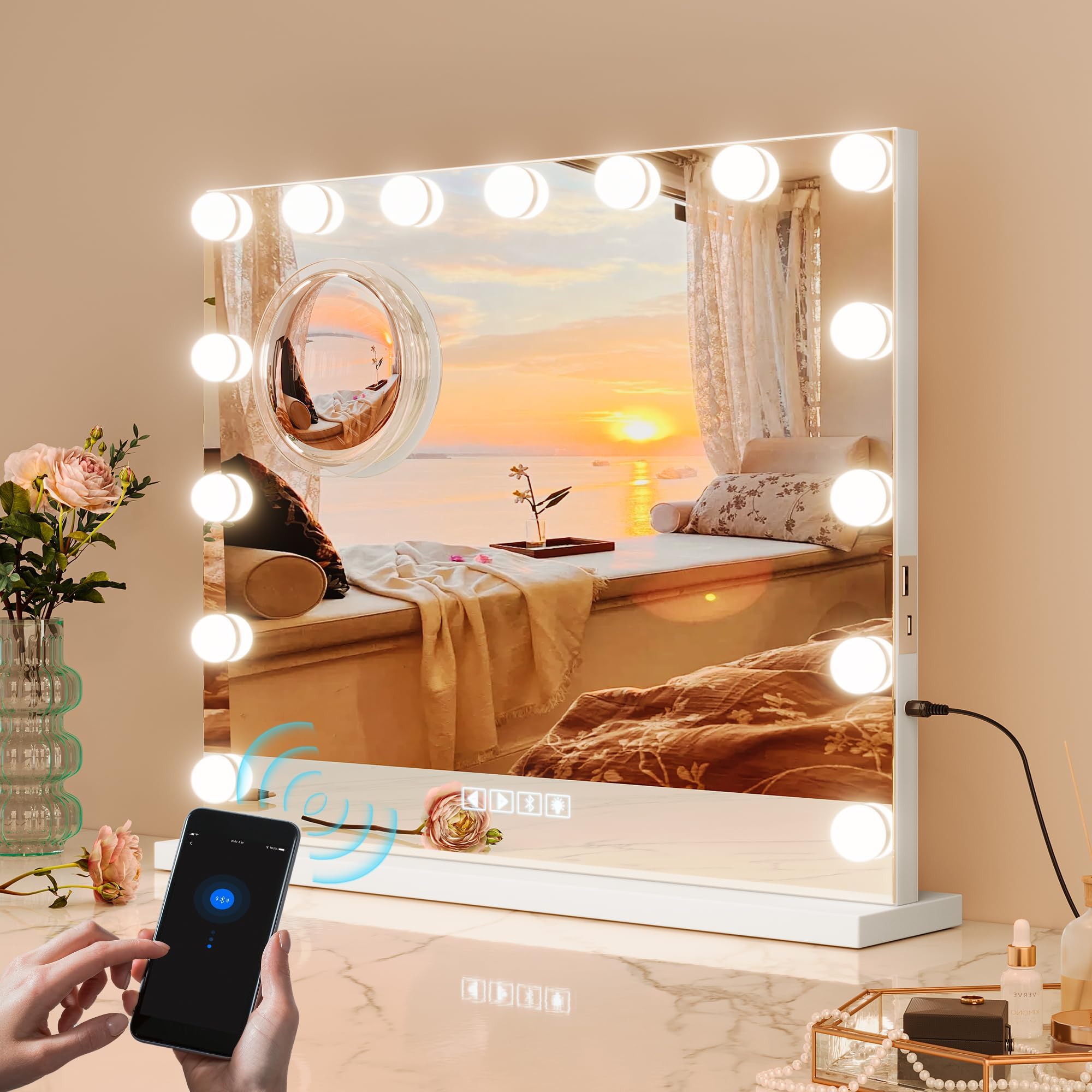 Vanity Mirror with Lights, Equipped with 17 Adjustable LED Lights, Featuring 3X Magnification, Smart Touch Controls with Three Adjustable Color Modes, and a Sleek White Metal Frame for a Modern Look