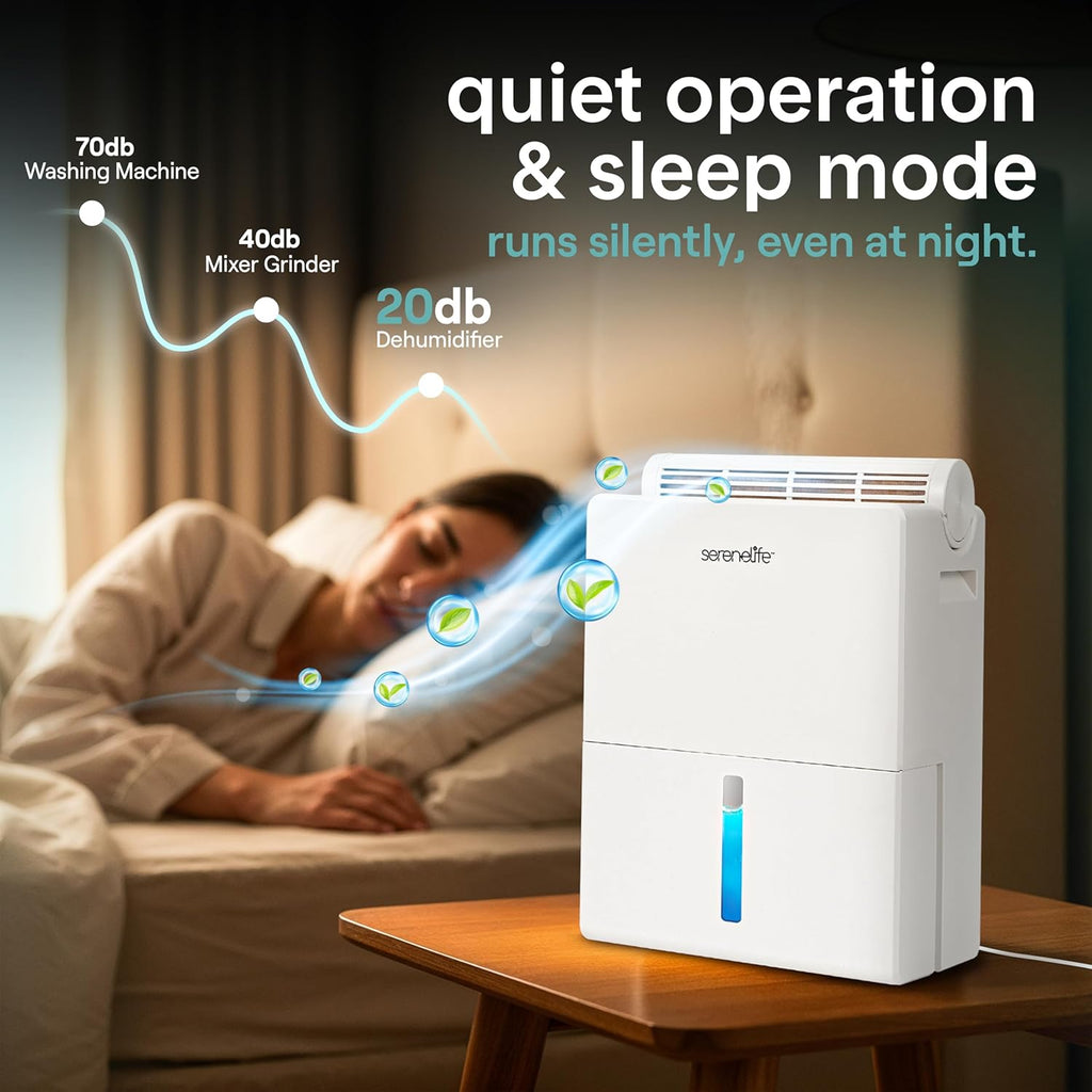 SereneLife 91oz. Dehumidifier - Semiconductor Dehumidifier with Automatic Shut off, Defrost, Timer, & Sleep Mode, Humidity Control, 0.6-Gallon Tank, Quiet Design for Home - Covers 215 sq.ft. (White)