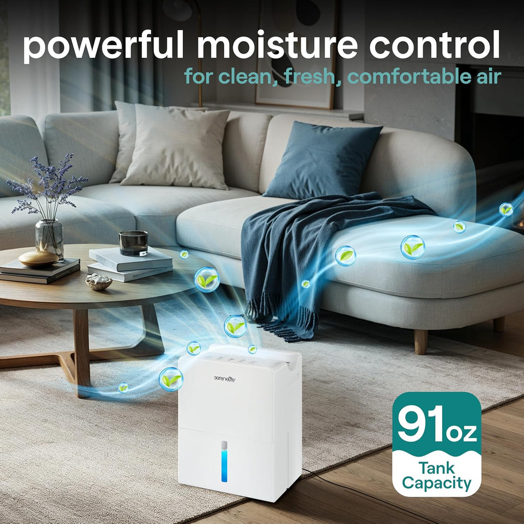 SereneLife 91oz. Dehumidifier - Semiconductor Dehumidifier with Automatic Shut off, Defrost, Timer, & Sleep Mode, Humidity Control, 0.6-Gallon Tank, Quiet Design for Home - Covers 215 sq.ft. (White)