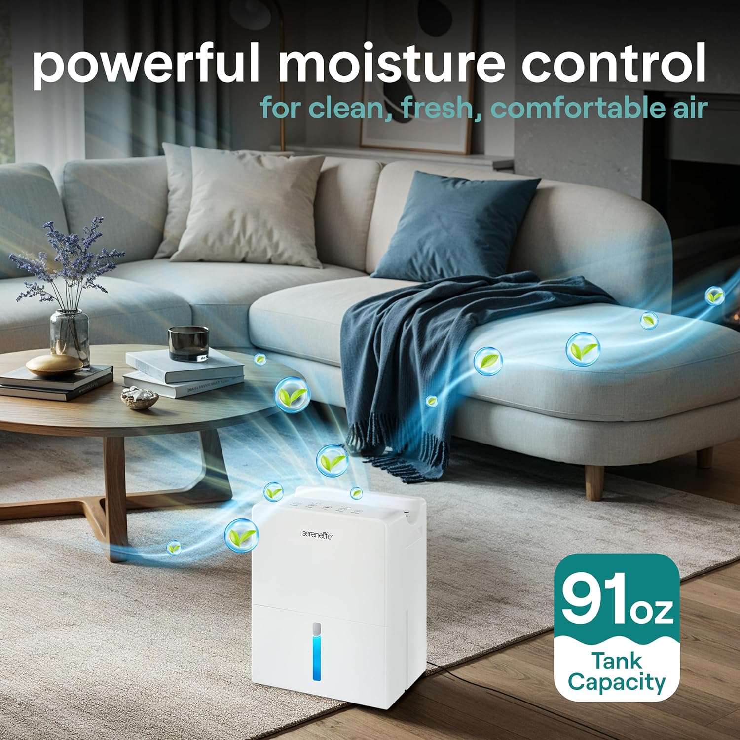SereneLife 91oz. Dehumidifier - Semiconductor Dehumidifier with Automatic Shut off, Defrost, Timer, & Sleep Mode, Humidity Control, 0.6-Gallon Tank, Quiet Design for Home - Covers 215 sq.ft. (White)